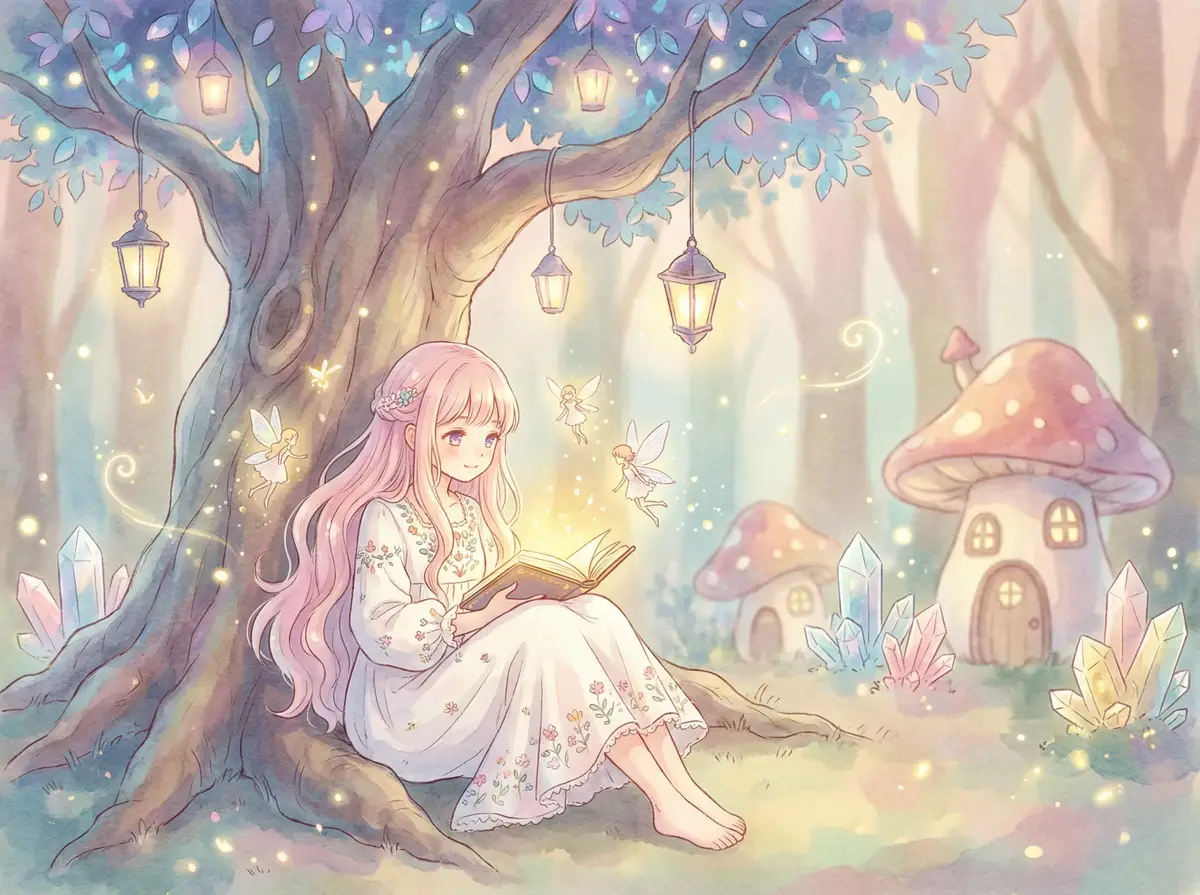 朋友的未婚妻 - 魔法森林中阅读故事书的粉发少女与精灵